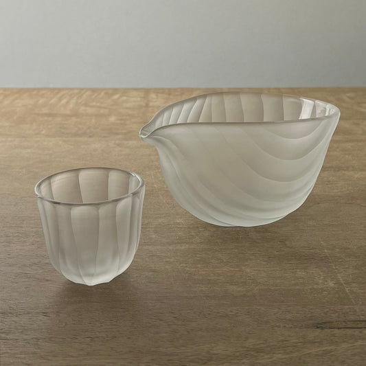 Japanese glassware sake cup and decanter deriving from the tea ceremony